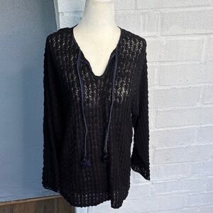 See By Chloe Open Knit Lace Sik-Satin 3/4 Sleeve Black Navy Sweater sz L